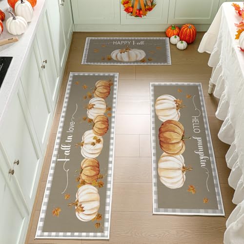 3-Piece Fall Pumpkin Kitchen Rug Set, Non-Slip Autumn Harvest Floor Mats
