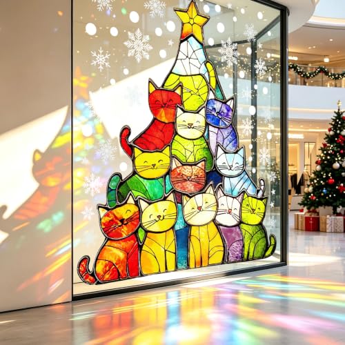 Colorful Christmas Window Clings - Cat Design Decorative Holiday Decals