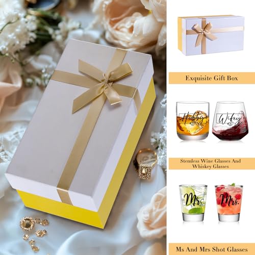 Hubby & Wifey Stemless Wine and Whiskey Glass Set for Couples