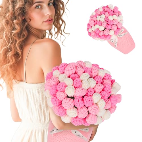LOKOZ Pink Rose Crochet Flower Bouquet Blanket 31x31 Inches – Gift for Women