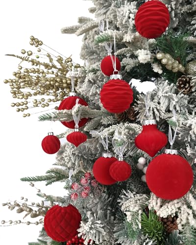 Wironlst 16ct Velvet Christmas Ornaments Set - 3.15" Flocked Matte Red Shatterproof Balls