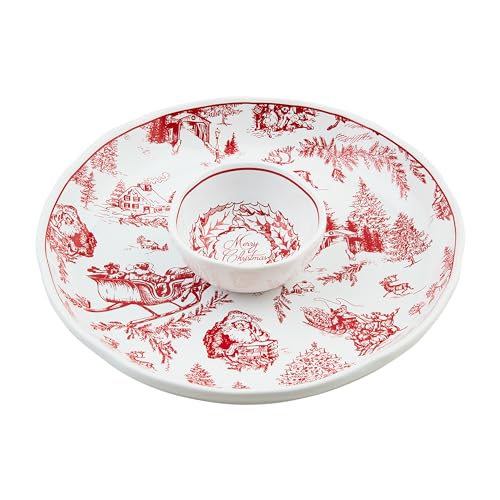 Mud Pie Toile Chip & Dip Set, Red Toile Pattern Stoneware 2" x 12" Chip Server & 2" Dip Bowl