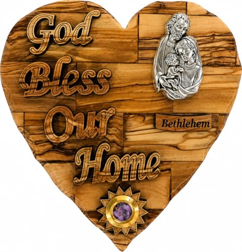 Olive Wood Holy Family Heart Plaque – Bethlehem Carved Wall Decor with Pewter Medallion & Frankincense Capsule