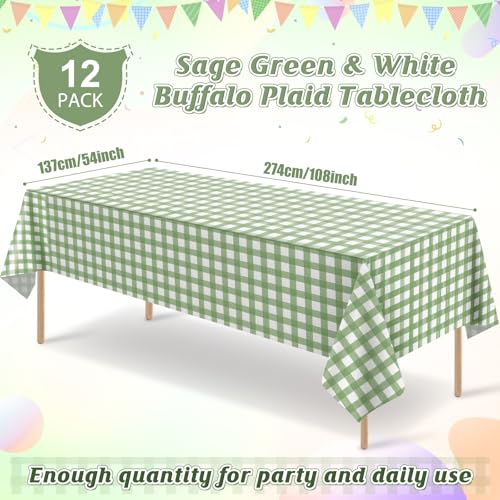 12-Pack Sage Green Gingham Tablecloths, 54x108 Inch Disposable Table Covers