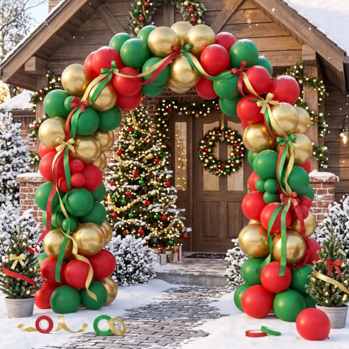 Red Green Gold Christmas Ceiling Balloon Kit with Ribbons & String - 30pcs