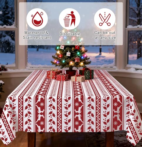 HEIPINIUYE 3 Pack Christmas Disposable Tablecloths 54x108 Inch Red & White Holiday Party Cover