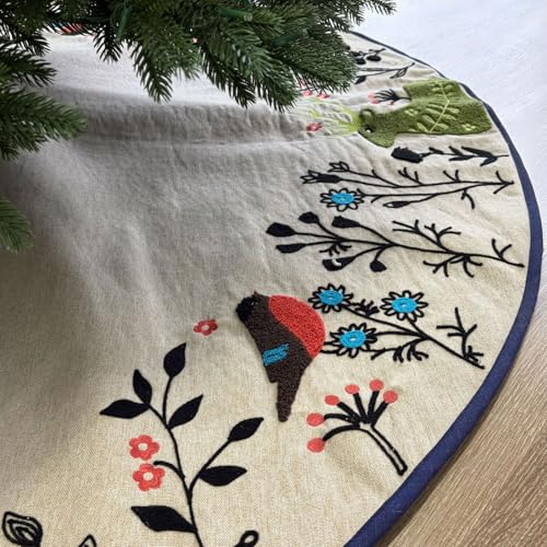Starry Dynamo 60-Inch Woodland Creatures Embroidered Christmas Tree Skirt, Linen Texture