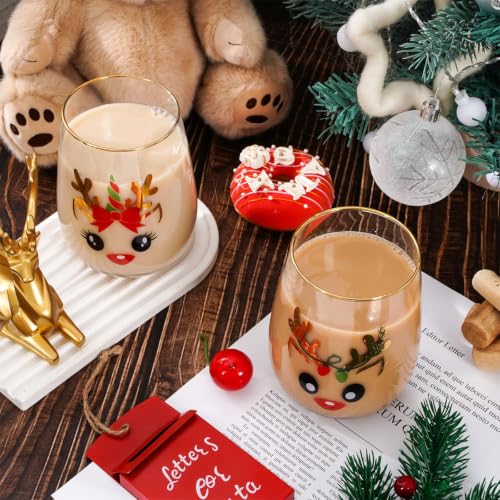 Whaline 4 Pack Christmas Reindeer Stemless Wine Glasses 17oz with Gold Rim for Holiday Parties