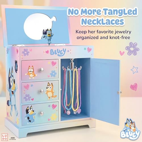 Musical Jewelry Box for Kids with Spinning Figurine and Storage Drawers