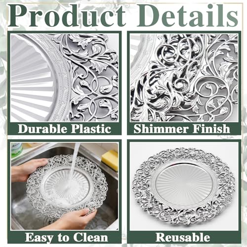 13-Inch Silver Charger Plates Set (12) Design B – Elegant Plastic Placemats for Dinner Tables