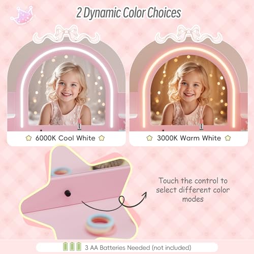 Kids Vanity Table Set with Lighted Mirror, Bookshelf and Stool (Pink)