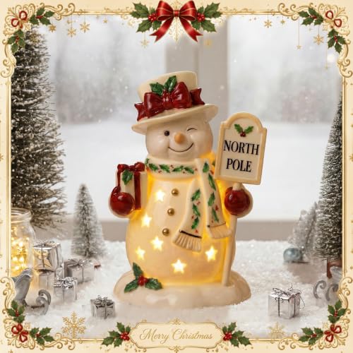 VIHOSE 7 Inch Ceramic Lighted Snowman Figurine with LED Holiday Lights