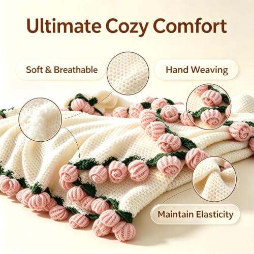 Pink Crochet Rose Bouquet Throw Blanket - Handmade Knit 43in by VORPVAOE