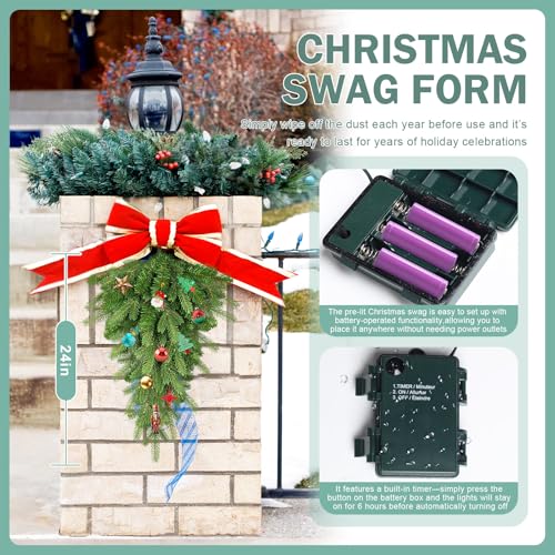 24-Inch Pre-Lit Christmas Teardrop Swag with 30 Warm White LED Lights