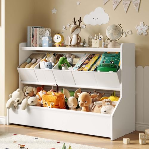 Kids Wooden Toy Storage Organizer with Bookshelf and Removable Bins