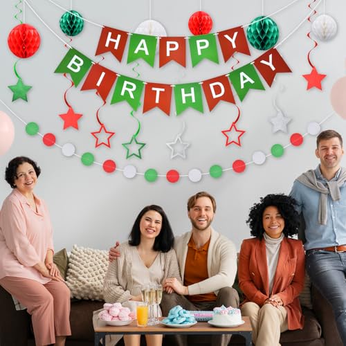 Christmas Birthday Party Decorations 34-Piece Set: Banner, Honeycomb Balls, Swirl Stars & Garlands