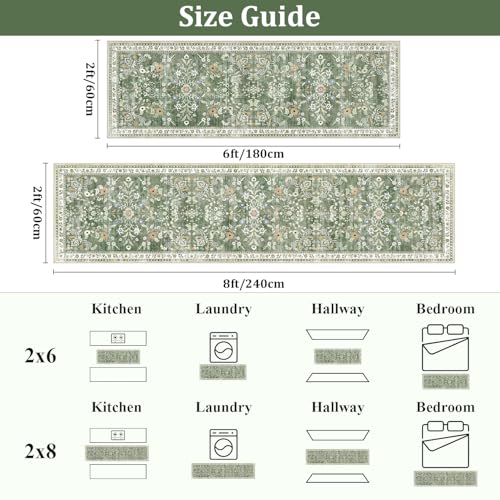 2x8 Washable Floral Runner Rug, Non-Slip Sage Green Boho Kitchen Carpet