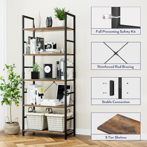5-Tier Industrial Bookshelf, Tall Freestanding Storage Organizer Unit