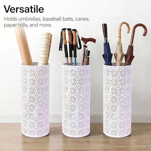 Metal Umbrella Stand for Entryway, Round Rustproof Organizer with 3 Hooks