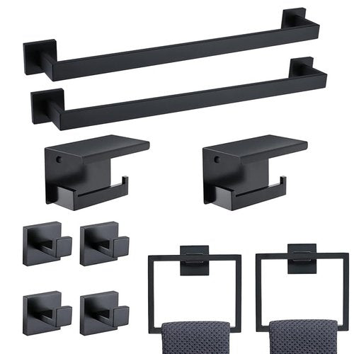 23.6 Inch SUS304 Stainless Steel Bathroom Hardware Set - 10-Piece Wall-Mounted Towel Bar, Holder & Racks - Matte Black