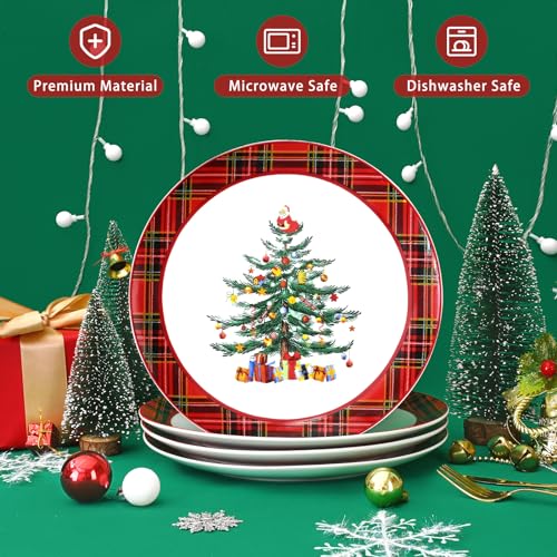Homlouue Ceramic Christmas Tree Dinner Plates Set of 4, 10.5'' Christmas Tree & Santa Design, Red Plaid Edges