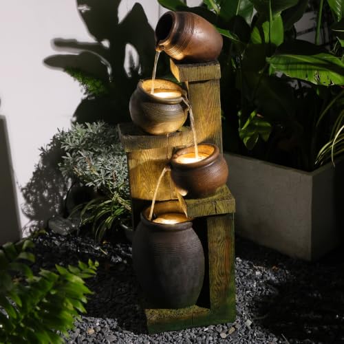 36-Inch 4-Tier Modern Stone-Look Water Fountain with LED Lights for Garden