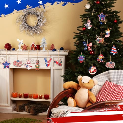 36PCS Patriotic Wooden Christmas Ornaments - Red White Blue Holiday Decor