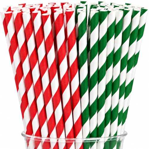 NINU 100 Pack Christmas Paper Straws - Red & Dark Green Striped (Variation: Christmas-C)