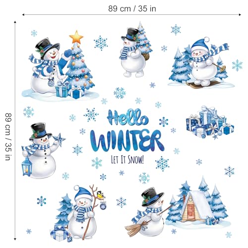 Christmas Snowman Wall Decals Set – Blue & White Hello Winter Window Clings, Removable Snowflake Decor