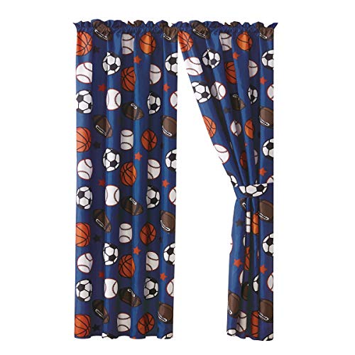 Sports Print Bedroom Curtain Set 4-Piece with Tie Backs, Blue