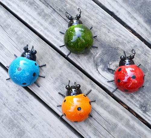Metal Ladybug Wall Art Set of 4, Outdoor Garden Sculptures for Patio Decor