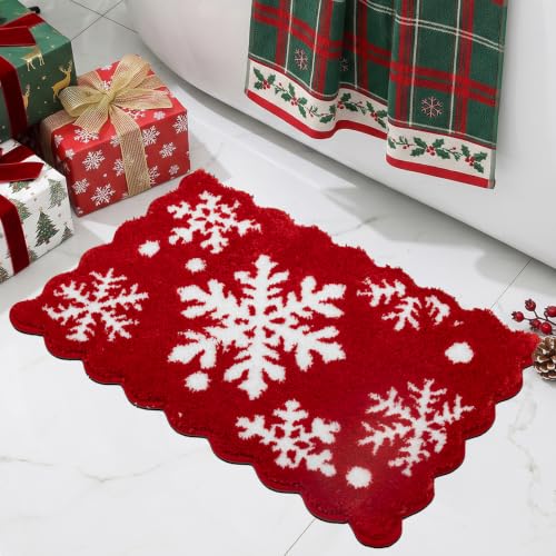 Ortiga 20x32 Merry Christmas Snow Bath Mat with Scallop - Red & White (1'8" x 2'8")