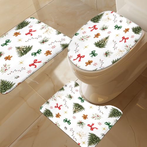 Lightinhome Christmas Tree Shower Curtain Set 4Pcs with Bath Mat, Rug, U-Shape Cushion 72x72in