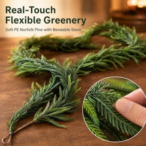 Auwoypetal 9FT Christmas Norfolk Pine Garland with 50 Warm White LED Lights