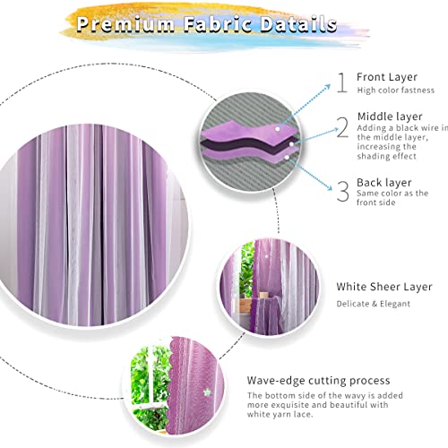 Girls Star Blackout Curtains with Tulle Overlay, 63-inch Pink Purple