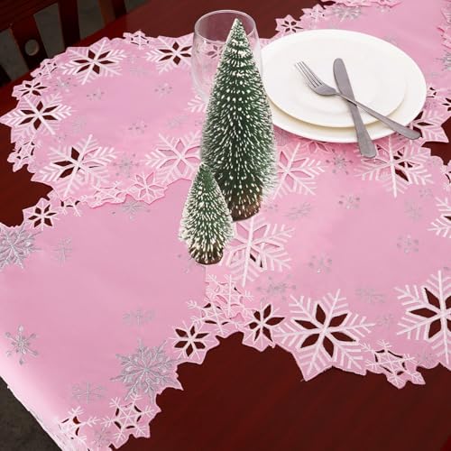 Simhomsen Pink Embroidered Snowflake Doily Placemats Set of 4 15 Inch Christmas Winter Decor