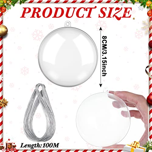 Sratte 24 Pcs Clear Christmas Ornaments 3.15 Inch with Silver Hanging Lanyard - Fillable Plastic Balls