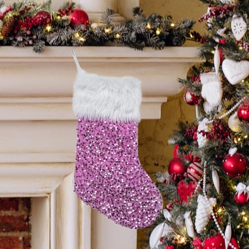 17-Inch Sparkly Sequin Christmas Stocking with Plush Cuff - Hot Pink