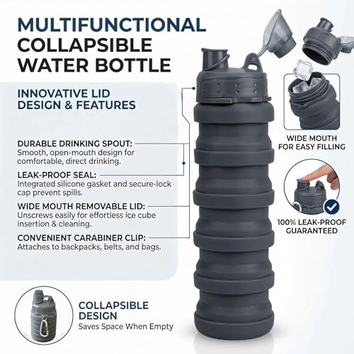 Collapsible Silicone Water Bottle 500ml Foldable Travel Sports Flask with Buckle