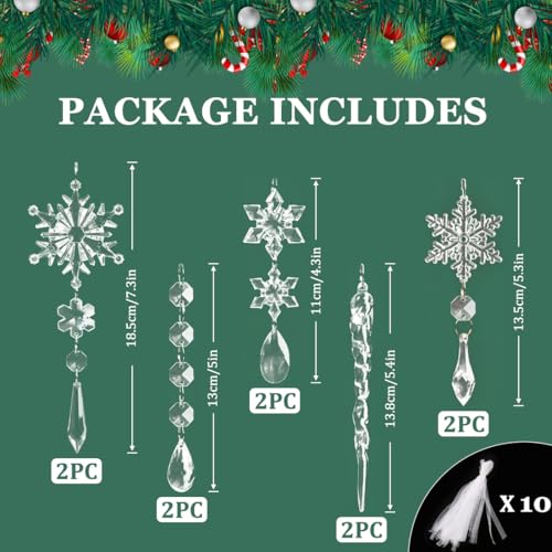 Crystal Snowflake Christmas Ornaments 10-Pack Acrylic Hanging Decorations for Tree
