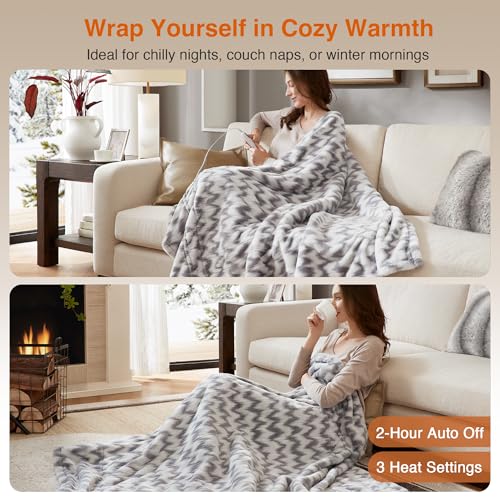 Chevron Faux Fur Electric Heated Throw Blanket, 50x60, Grey