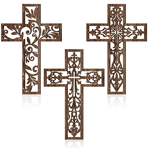 3 Pcs Wooden Cross Wall Decor, 12-Inch Hand-Carved Antique Hanging Cross