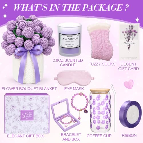 Vesici Purple Crochet Rose Bouquet Blanket Get Well Gift for Women