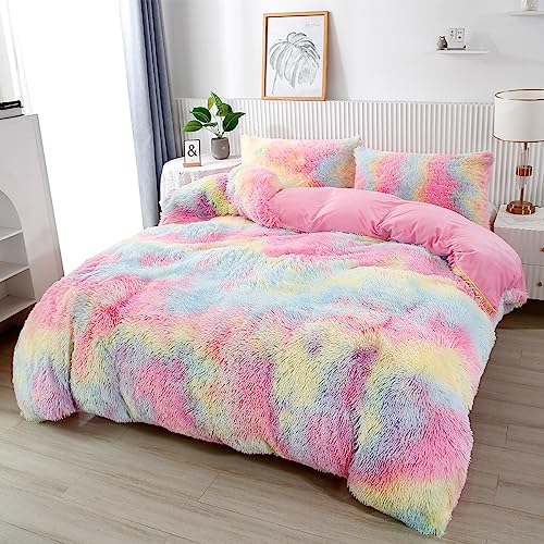 Rainbow Tie-Dye Faux Fur Twin Comforter Set, 3-Piece Fluffy Bedding