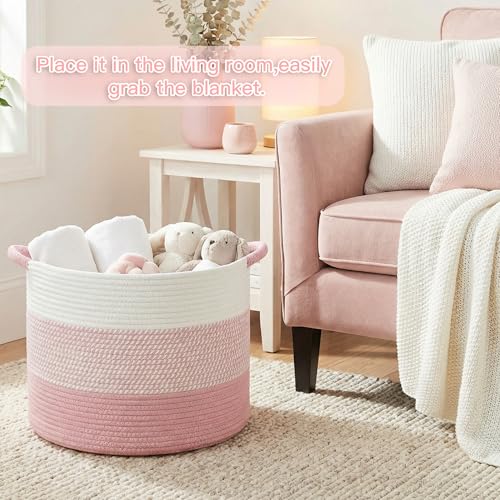 70L Large Cotton Rope Basket - Woven Blanket & Toy Storage Hamper, Pink