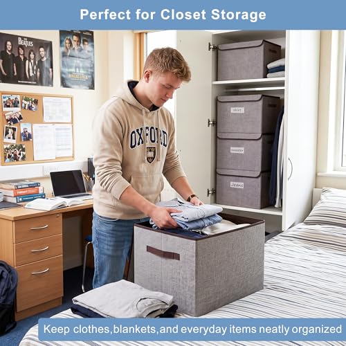 Collapsible Storage Bins with Lids 3-Pack Large Fabric Linen Boxes Gray