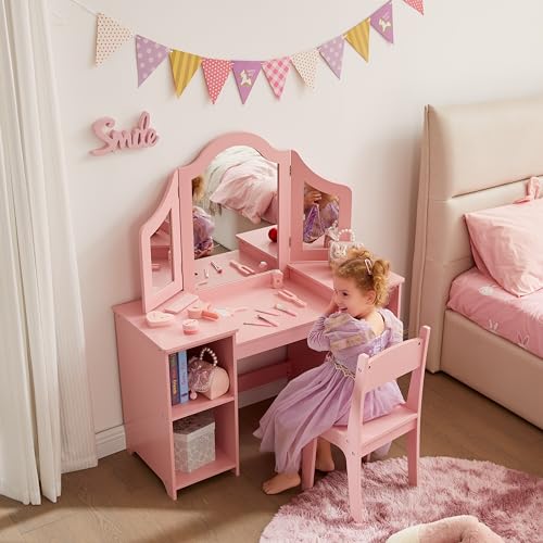 Kids Vanity Set with Tri-Fold Mirror & Storage - Princess Makeup Desk for Girls 3-9, Pink with Chair