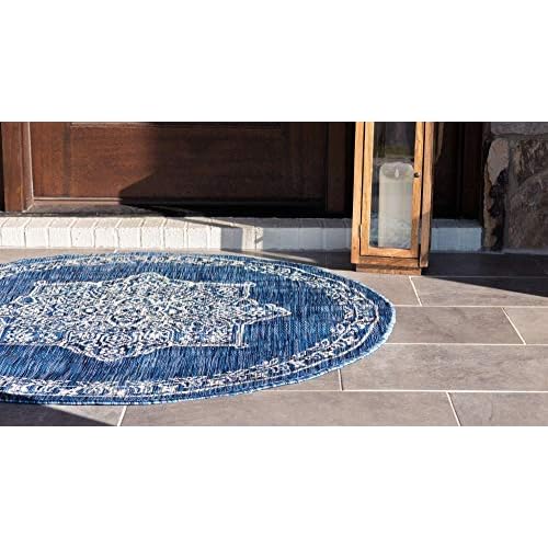 Unique Loom Outdoor Traditional Collection Area Rug - Antique (4' 1" Round, Blue/ Gray)