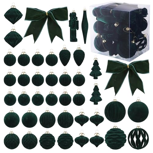 42Pcs Velvet Green Christmas Ball Ornaments Set, Flocked Shatterproof Xmas Ornaments