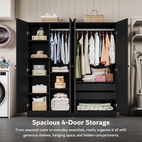 63-Inch Large 4-Door Wardrobe Closet with 2 Drawers and Adjustable Shelves